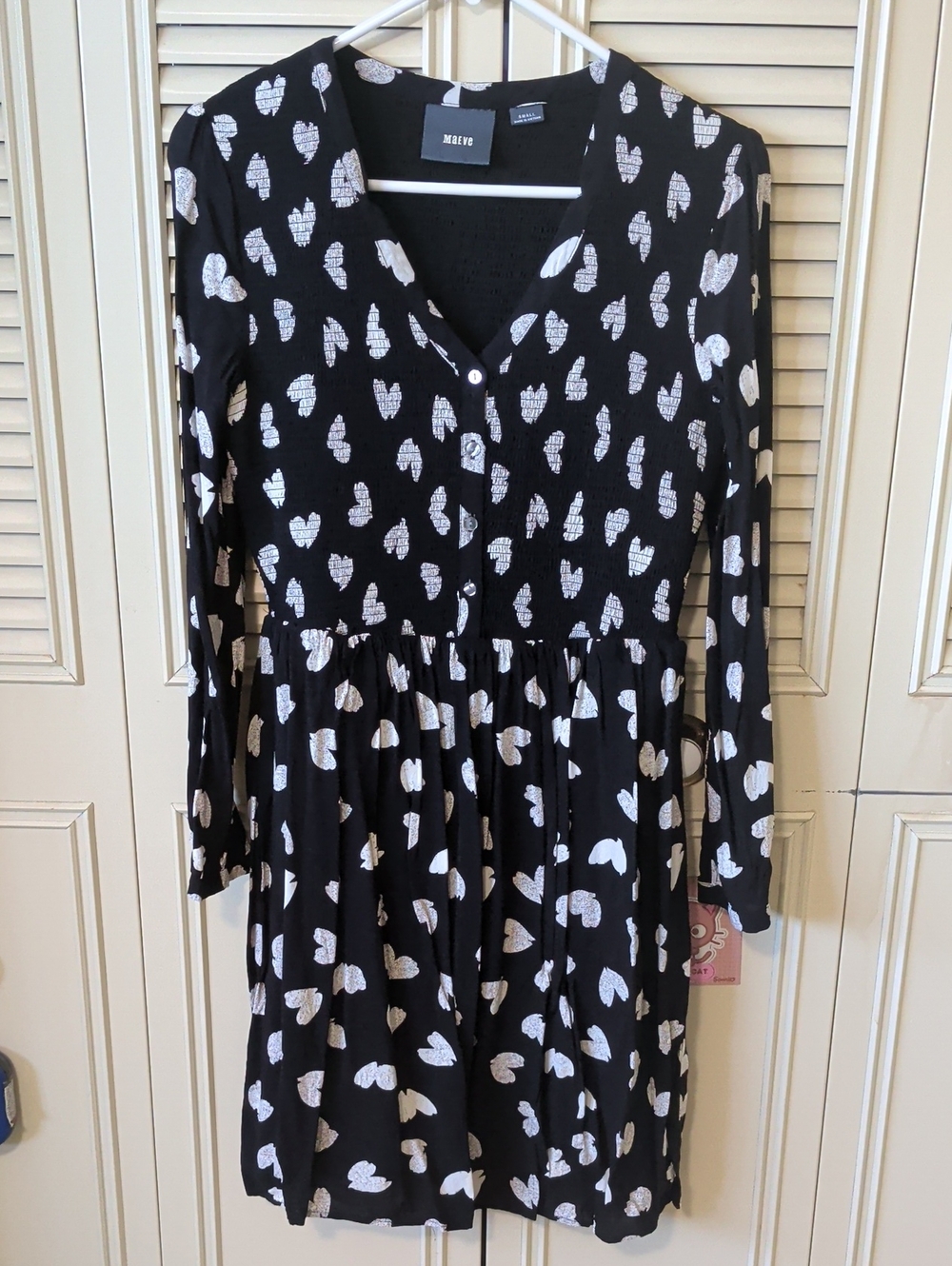 Maeve Black Long-Sleeve Dress with White Abstract Heart Pattern